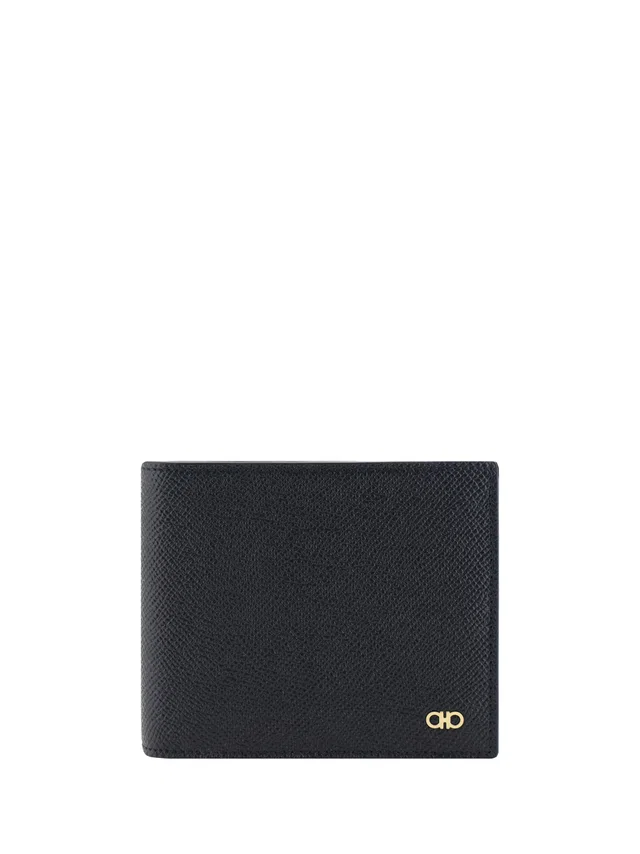 Ferragamo Gancini Logo Bifold Wallet — Black Calf Leather Bos Taurus in Black Calfskin from HEWI