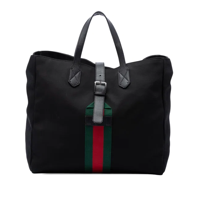 Black Gucci Canvas Techno Web Buckle Tote in Black Canvas from Designer Revival