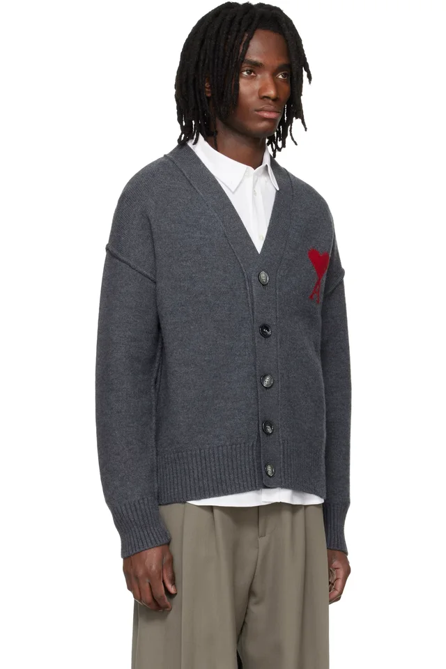 AMI Paris Gray Wool Contrasted Ami de Coeur Cardigan, photo 2 of 4 from SSENSE