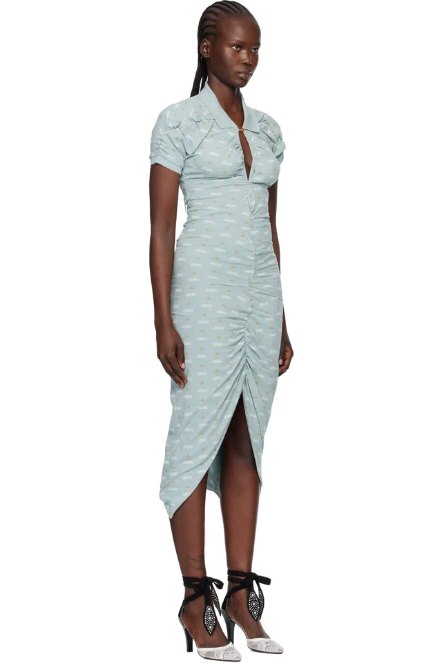 Vivienne Westwood Blue Printed Piquet Pulling Midi Dress, photo 2 of 3 from SSENSE