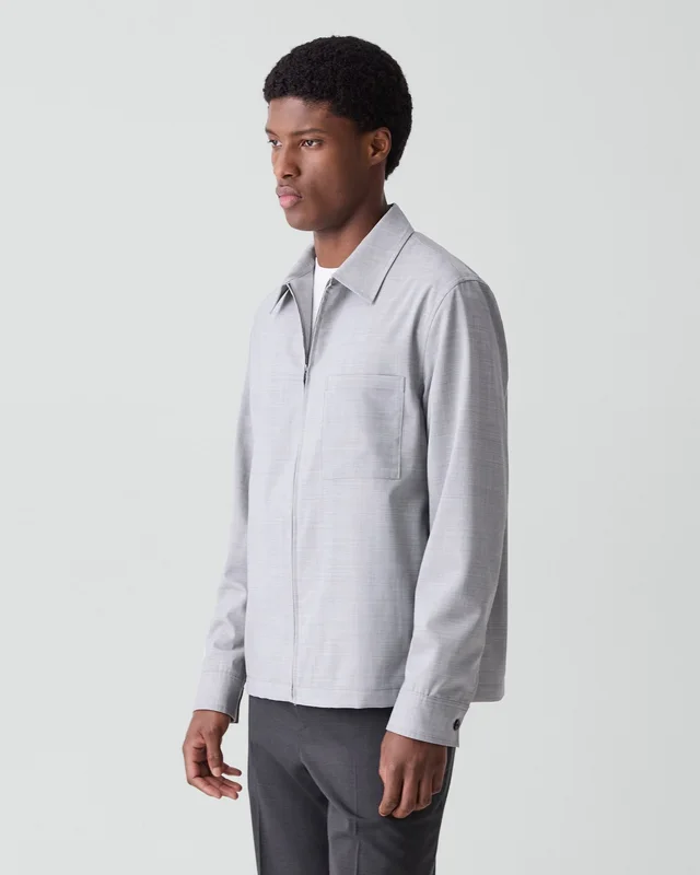 Theory Zip Overshirt in Motion Wool in VAPOR MELANGE 54% Virgin Wool, 25% Recycled Polyester, 20% Polyester, 1% Spandex, photo 2 of 12 from Theory