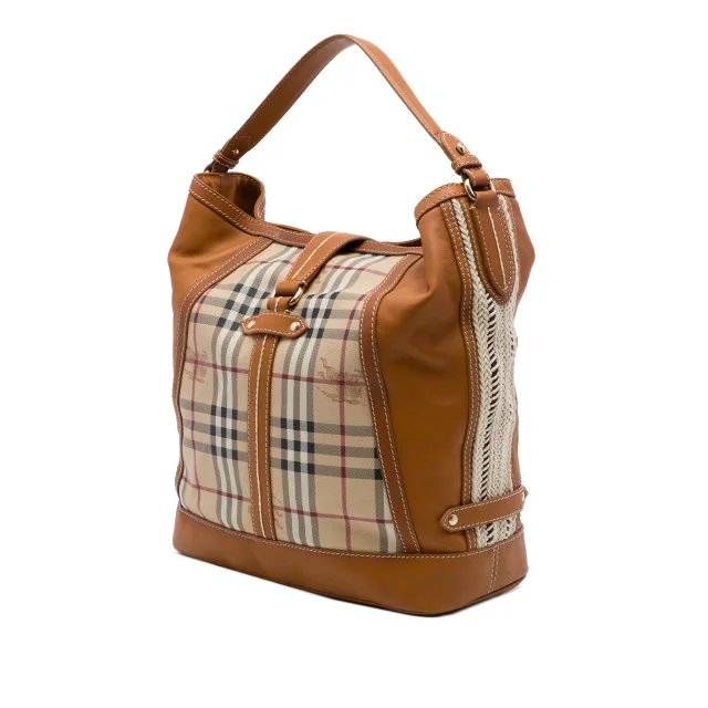 Burberry Haymarket Check Coated Canvas and Calfskin Bucket Bag in Beige Calfskin from Designer Revival, photo 2 of 6