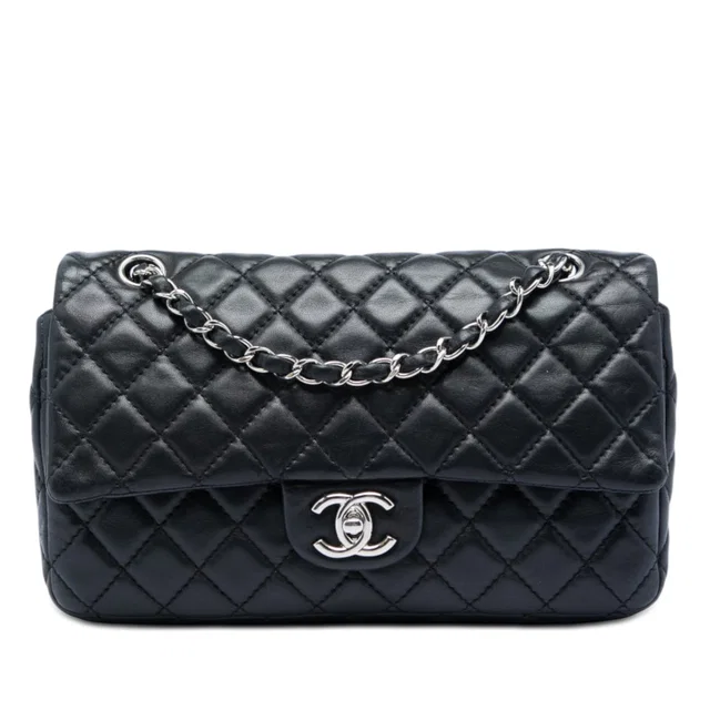 Black Chanel Medium Classic Lambskin Double Flap Shoulder Bag in Black Lambskin from Designer Revival