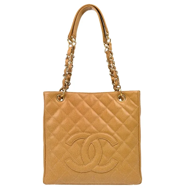 Chanel 2003-2004 Beige Caviar Petite Shopping Tote PST Chain Handbag in Beige Caviar leather from AMORE Vintage Tokyo