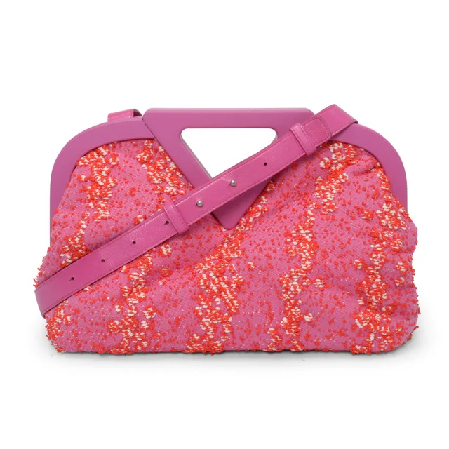 Bottega Veneta Boucle Medium The Point Triangle Clutch in Bubblegum & Tomato from Blue Spinach