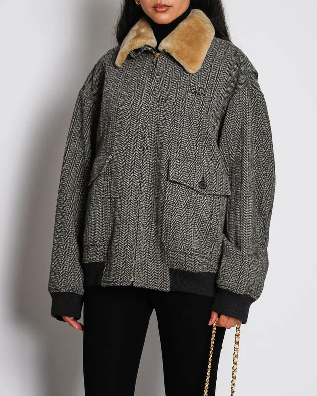 Miu Miu Grey Herringbone Jacket with Logo and Detachable Collar Detail Size IT 42 (UK 10) in Grey Wool from Sellier