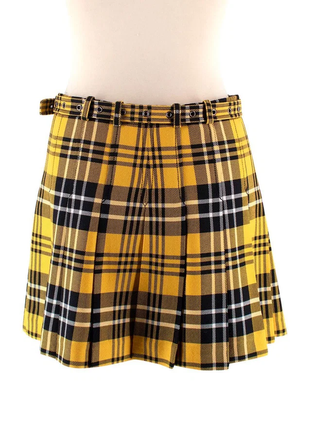 Dior Yellow Checked Pleated Mini Skirt in Yellow Wool from HEWI