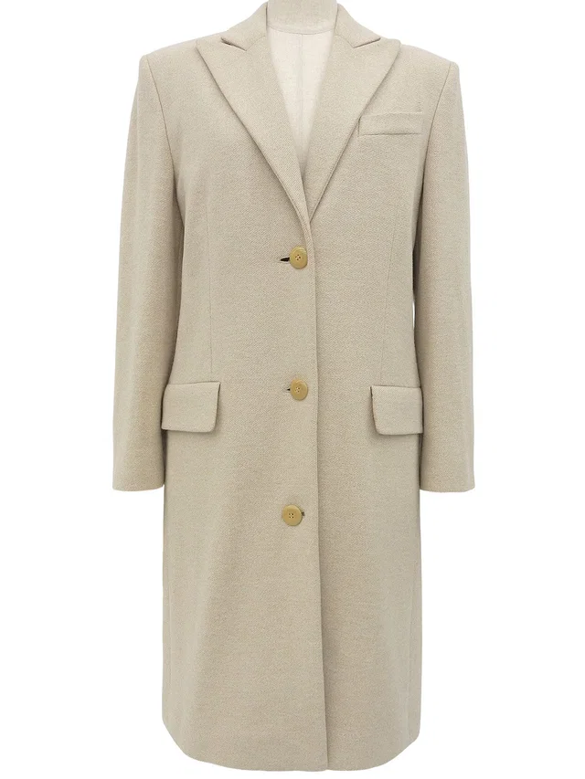 Ferragamo Wool Logo Button Long Coat #40 Beige in Beige Wool from VINTAGE QOO TOKYO