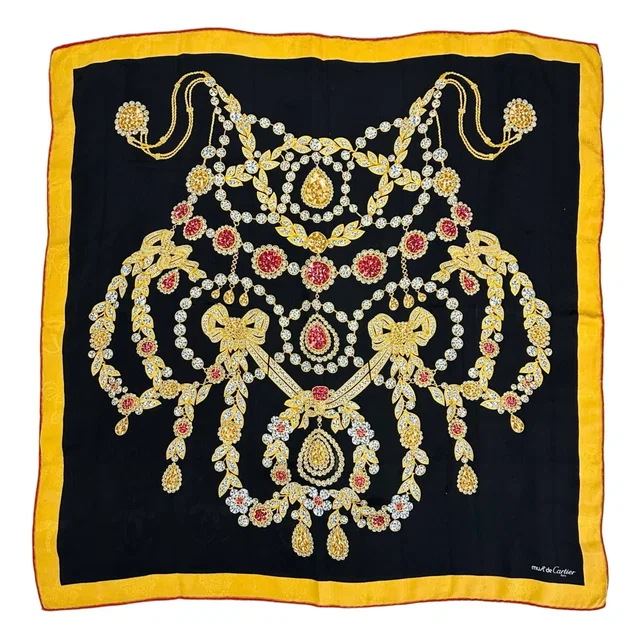 Cartier Pattern Silk Yellow Black Scarf in Black Silk from The Reluxe