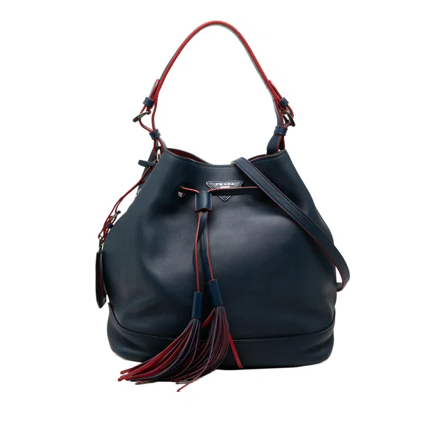 Blue Prada Soft Calf Tassel Convertible Drawstring Bucket Bag Satchel in Blue Leather from Designer Revival