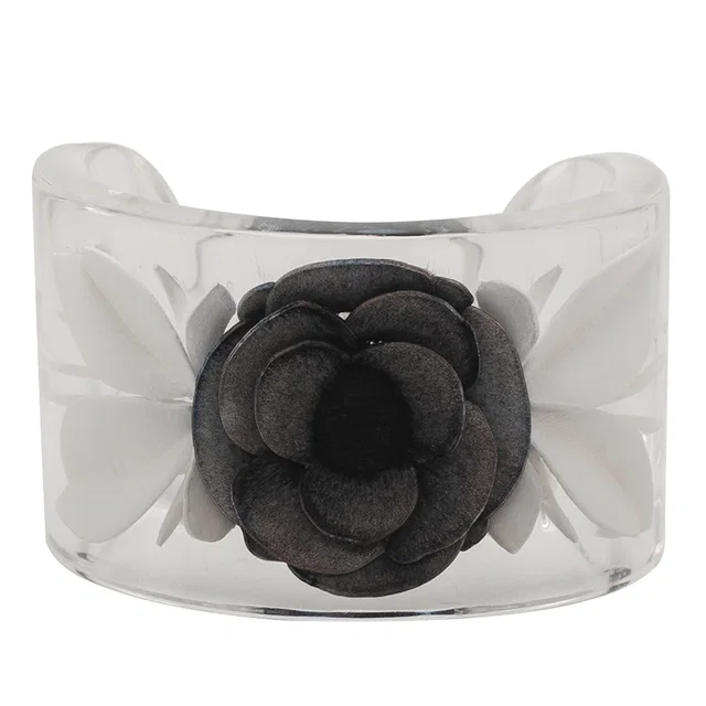 White Chanel Lucite Camellia Cuff Bracelet in White Resin from Designer Revival