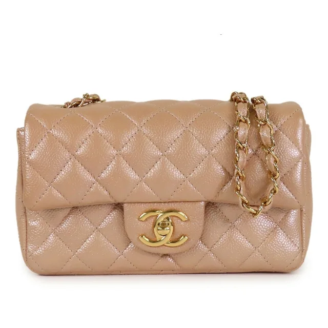 Chanel Single Flap Chain Shoulder Bag Metallic Beige Caviar Leather Mini in Beige Caviar leather from The Reluxe