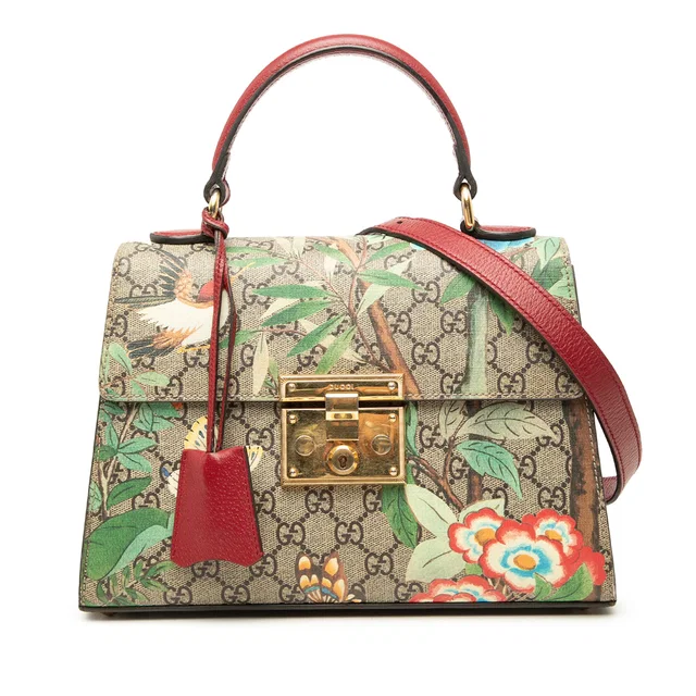 Beige Gucci Small GG Supreme Tian Padlock Satchel in Beige Coated canvas from Designer Revival