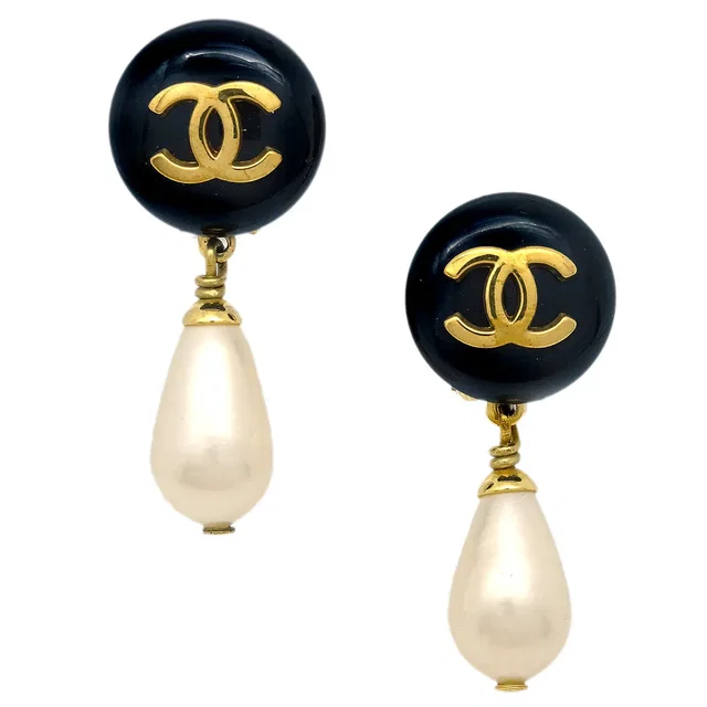 Chanel 1995 CC Black & Faux Teardrop Pearl Dangle Earrings in Black Resin from AMORE Vintage Tokyo