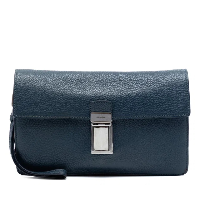 Blue Prada Vitello Daino Clutch in Blue Leather from Designer Revival
