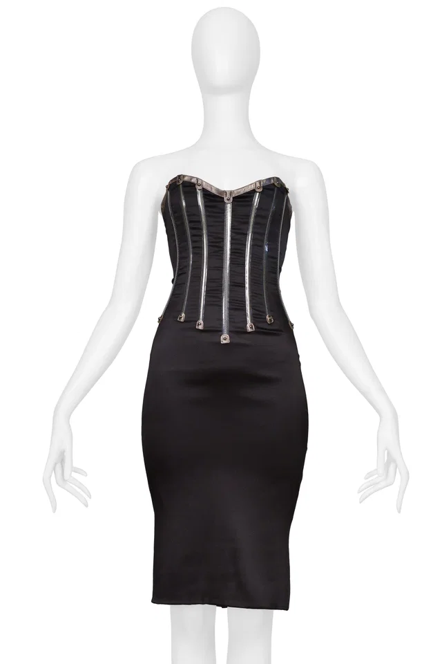 Dolce & Gabbana Black Strapless Zippers Dress 2007 in Black Satin from Resurrection Vintage