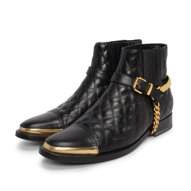 Balmain Quilted Chain Detail Boots 39 in Black Leather from Blue Spinach