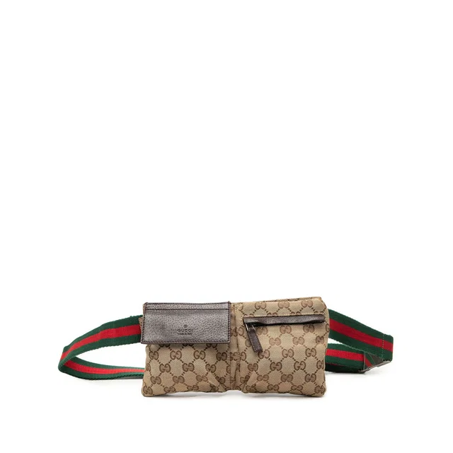 Beige Gucci GG Canvas Web Double Pocket Belt Bag in Beige Canvas from Designer Revival