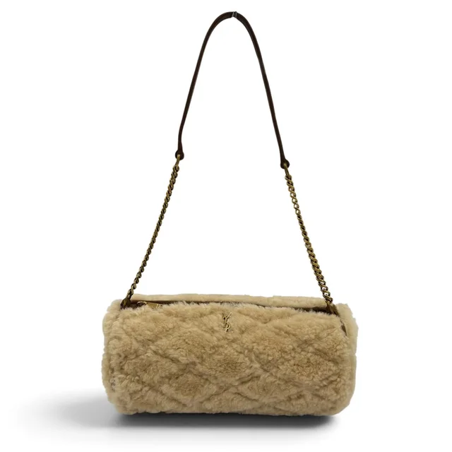 Saint Laurent Sade Mini Tube Bag Shearling Chain Shoulder Handbag Beige in Beige Suede from The Reluxe