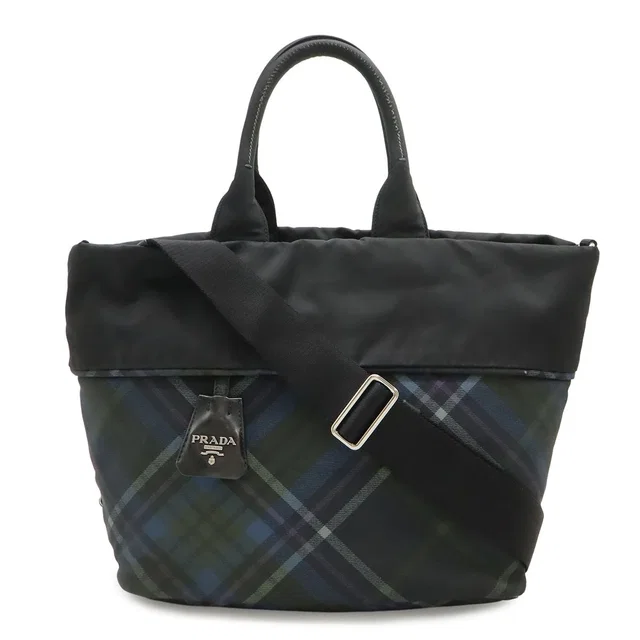Prada Tote 2-Way Shoulder Bag Reversible Check Nylon Black Blue Multicolor in Black Nylon from The Reluxe
