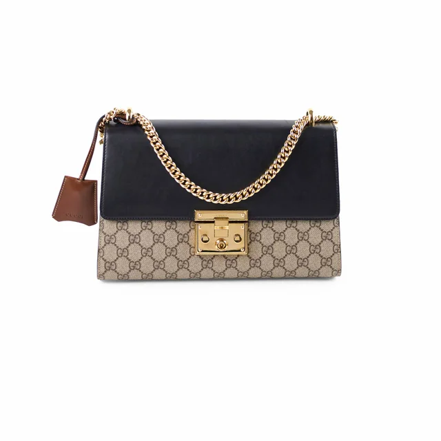 Gucci GG Supreme Padlock Medium Shoulder Bag Black/Brown in Black Canvas from The Purse Affair