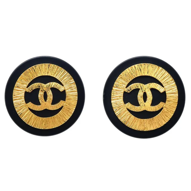 Chanel Huge Button Earrings Black Clip-On 29 in Black from AMORE Vintage Tokyo