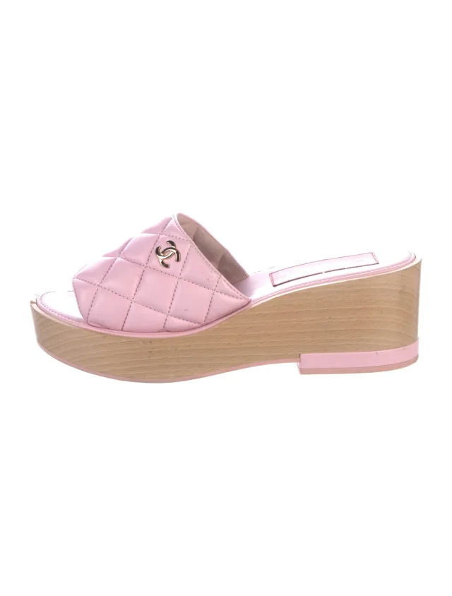 Chanel Interlocking CC Logo Leather Slides in pink Leather from The RealReal