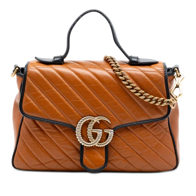 Brown Gucci Small GG Marmont Matelasse Leather Torchon Top Handle Bag Satchel in Brown Leather from Designer Revival