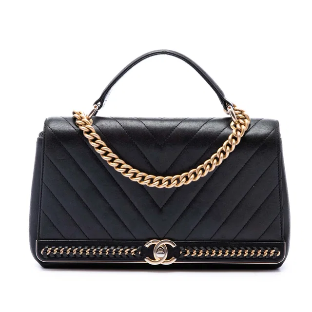 Black Chanel Chevron Sheepskin Stitched Chain Top Handle Flap Satchel in Black Leather from Designer Revival