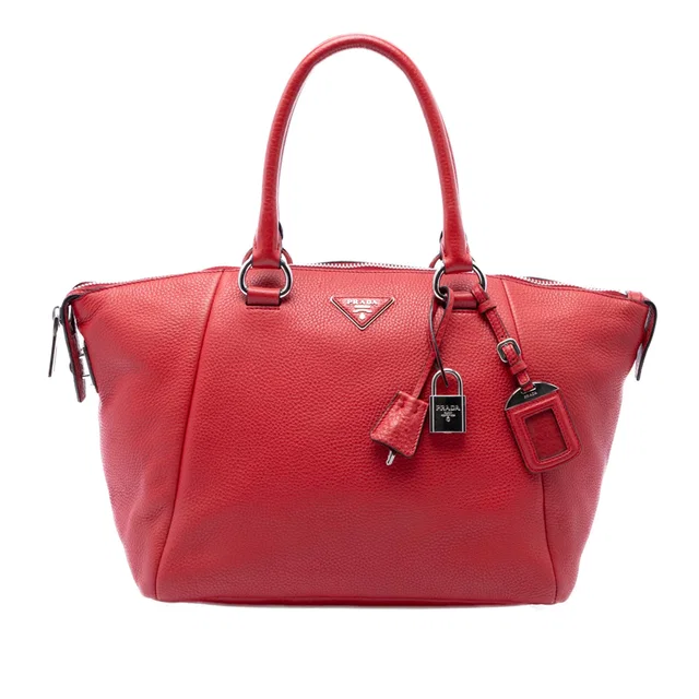 Red Prada Vitello Daino Double Handle Satchel in Red Leather from Designer Revival