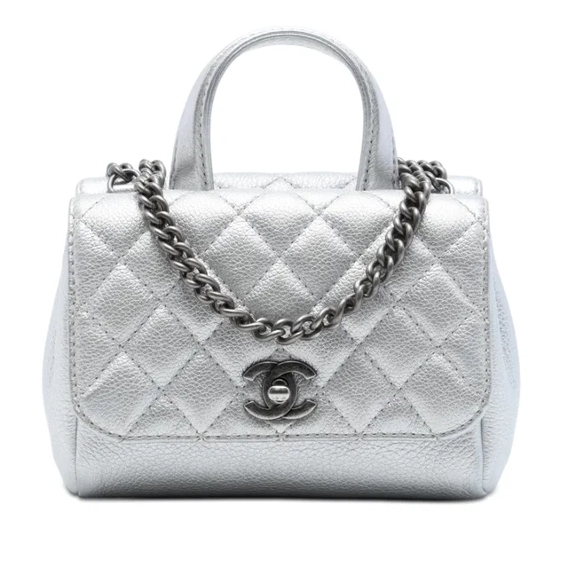 Silver Chanel Metallic Grained Calfskin Pilot Essentials Double Sided Flap Satchel in Silver Caviar leather from Designer Revival
