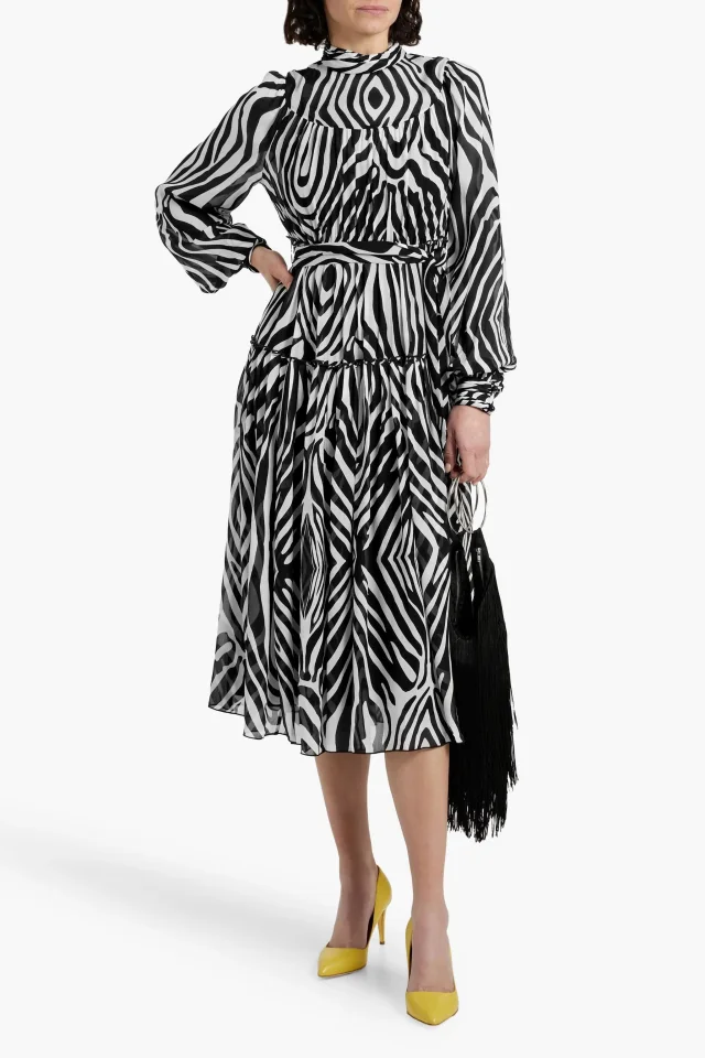 Diane von Furstenberg Kent Zebra-Print Tiered Crepon Midi Dress in Black, photo 2 of 4 from THE OUTNET