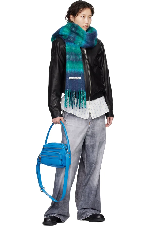 Acne Studios Blue & Green Mohair Check Scarf, photo 2 of 2 from SSENSE