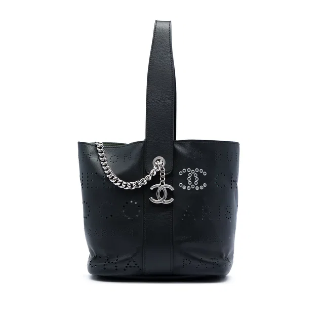 Black Chanel Small Perforated Calfskin Logo Eyelet Bucket Bag in Black Calfskin from Designer Revival