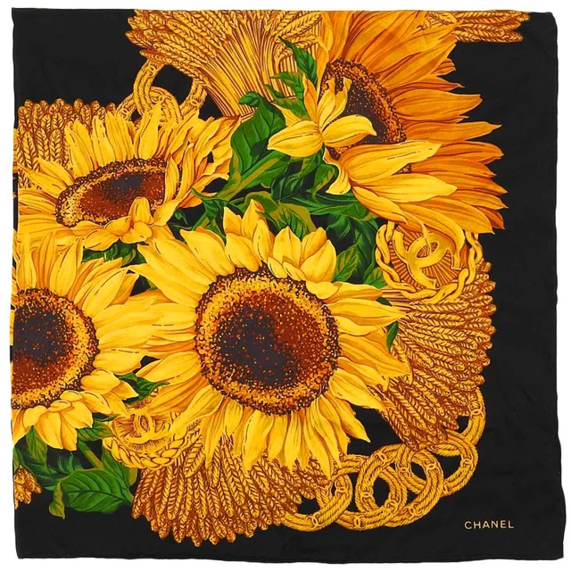 Chanel Sunflower CC Mark Chain Pattern Scarf Black/Yellow in Black Silk from VINTAGE QOO TOKYO