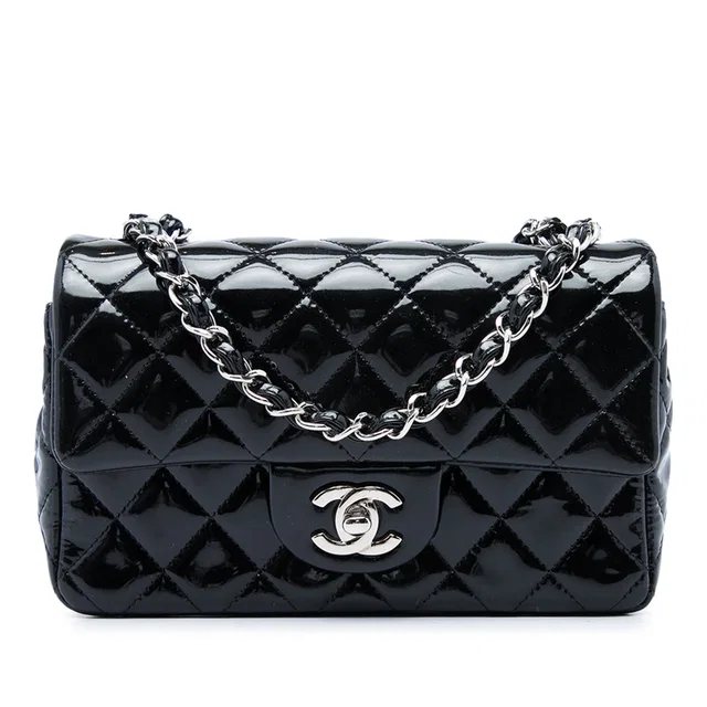 Black Chanel Mini Rectangular Classic Patent Single Flap Crossbody Bag in Black Patent leather from Designer Revival