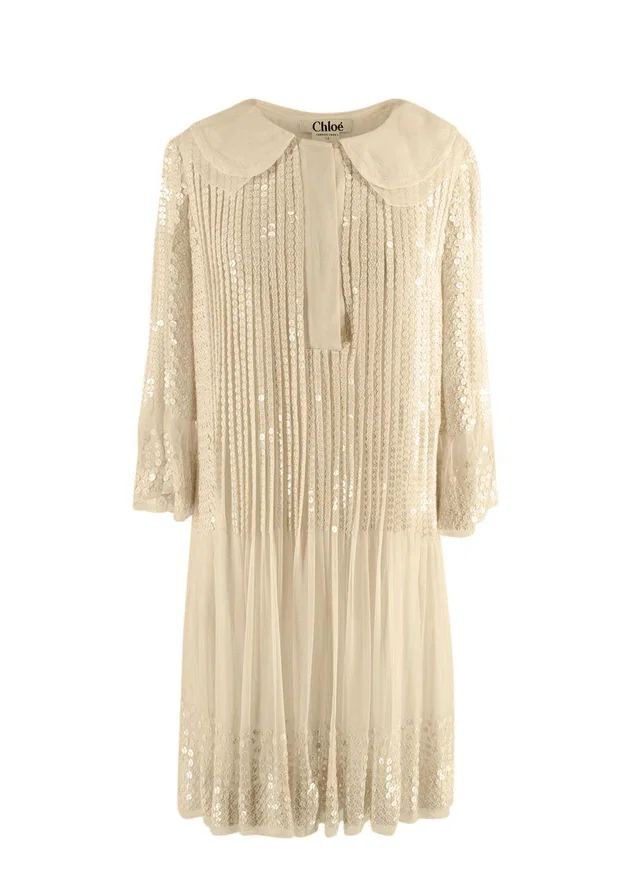 Chloé Ecru Sequin Embroidered Silk Pleated Dress in Silk from HEWI