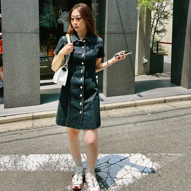 Chanel Denim CC Mark Button Short Sleeve Mini Dress #36 Indigo in Denim from VINTAGE QOO TOKYO