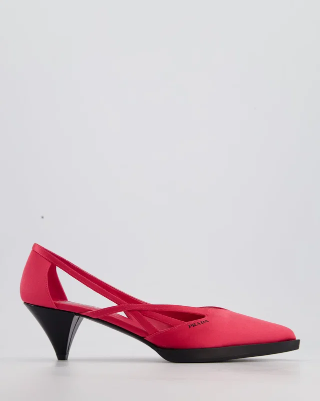 Prada Hot Pink Satin Pointed Toe Heels With Logo Detail and Black Sole Size EU 38.5 in Black Satin from Sellier