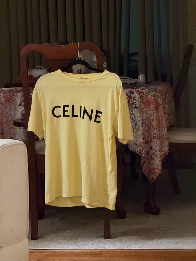 Celine Pale Yellow Short Sleeve Logo T-Shirt in yellow from Poshmark