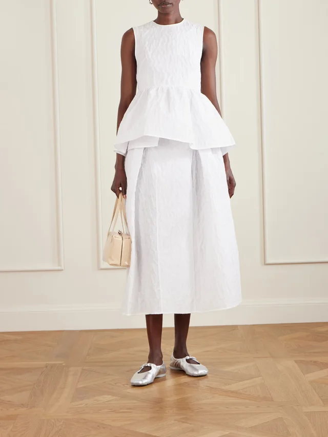 CECILIE BAHNSEN Margueritte embroidered cotton-blend cloqué peplum top in White, photo 2 of 2 from NET-A-PORTER (Canada)