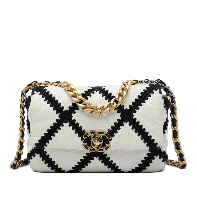 White Chanel Medium Crochet Calfskin 19 Flap Satchel in White Calfskin from Designer Revival