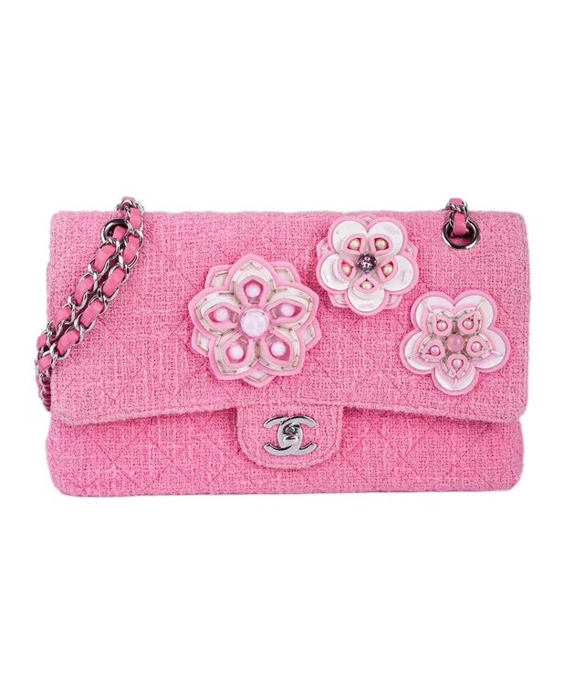 Chanel 2016 Tweed Medium Pink Flower Flap Handbag in Pink Tweed from Luxury Promise