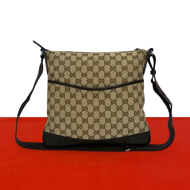 Gucci GG Canvas Pattern Leather Shoulder Bag Crossbody Cross Beige Brown in Brown Canvas from The Reluxe