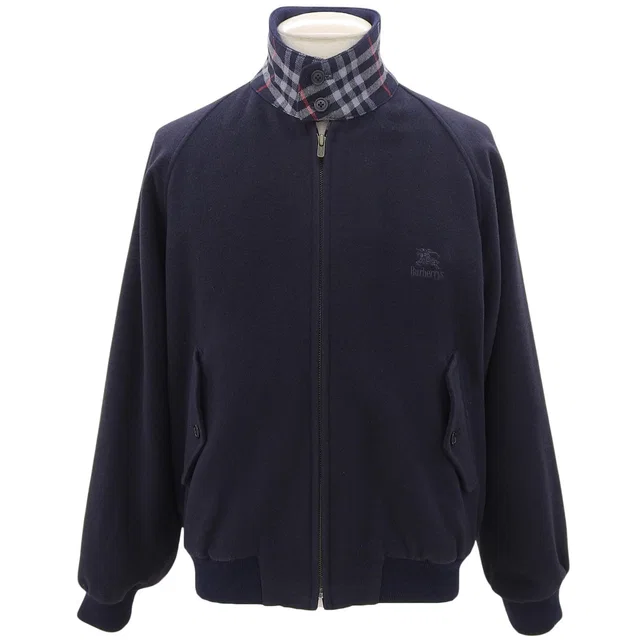 Burberry Nova Check Lining Stand Collar Zip-Up Blouson #L Navy in Navy Wool from VINTAGE QOO TOKYO