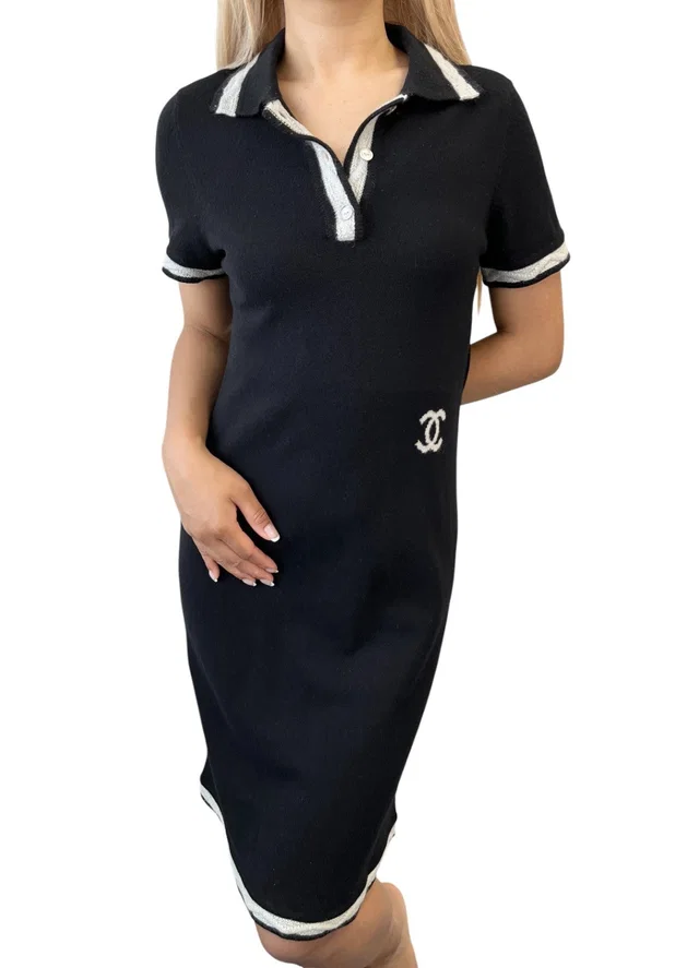 Chanel Vintage 04A CC Logo Knit Dress One-piece #34 Black Gray Cashmere Button in Black Cashmere from Luxury Promise