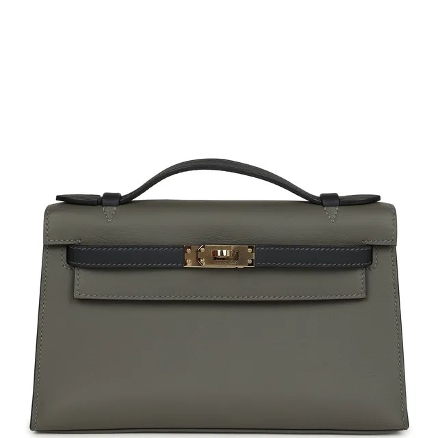 Hermès Special Order (HSS) Kelly Pochette Gris Meyer, Caban Swift Permabrass Hardware in Grey Swift leather from Madison Avenue Couture