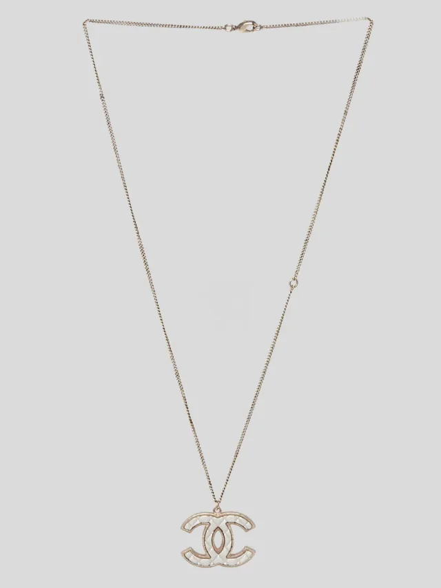 Chanel Metal Crystal and Faux Pearl Quilted CC Pendant Necklace in Gold from Yoogis, photo 2 of 3