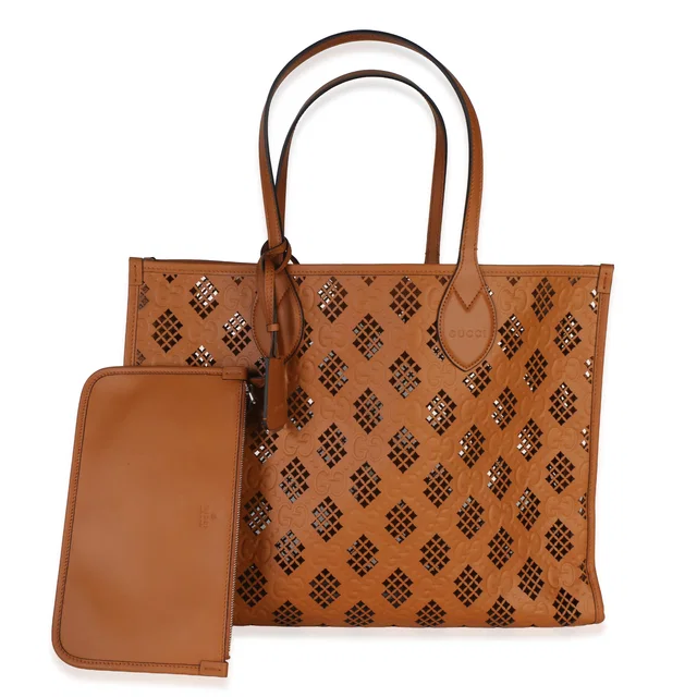 Gucci Brown GG Debossed Calfskin Diamond Cutout Medium Tote in Brown Calfskin from myGemma