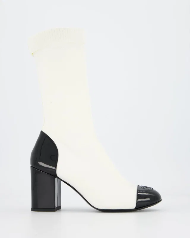 Chanel White CC Sock Boots with Patent Detail Size EU 38 in White Patent leather from Sellier